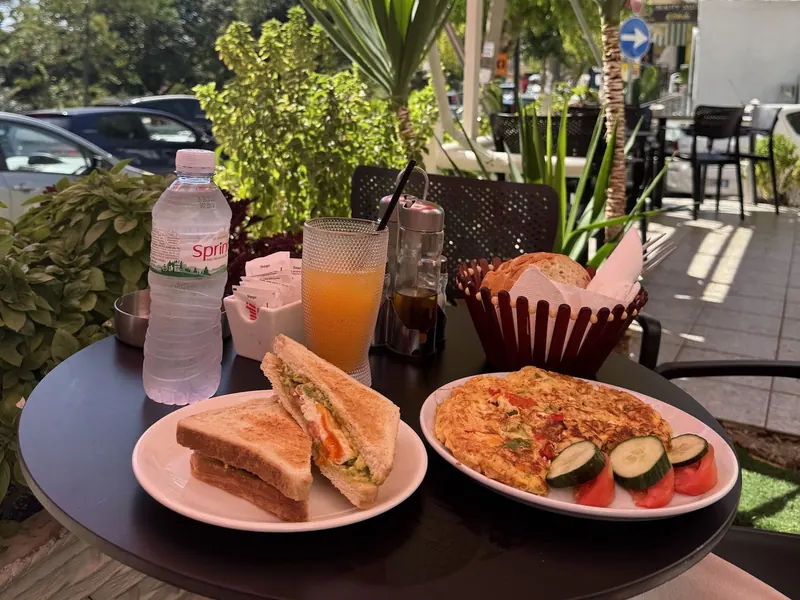 Breakfast on the terrace: toasted sandwiches, an omelette and orange juice