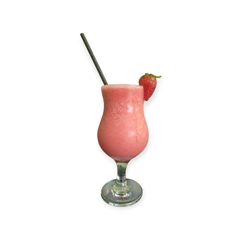 A strawberry smoothie with a straw