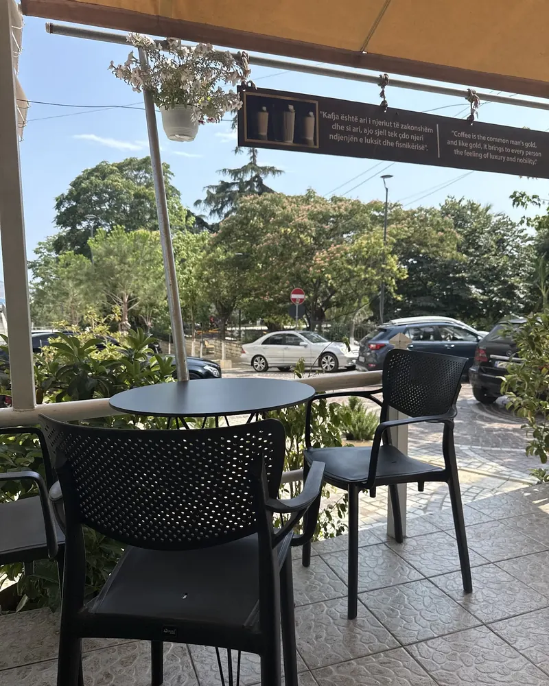 The shaded terrace with black chairs and trees across the street